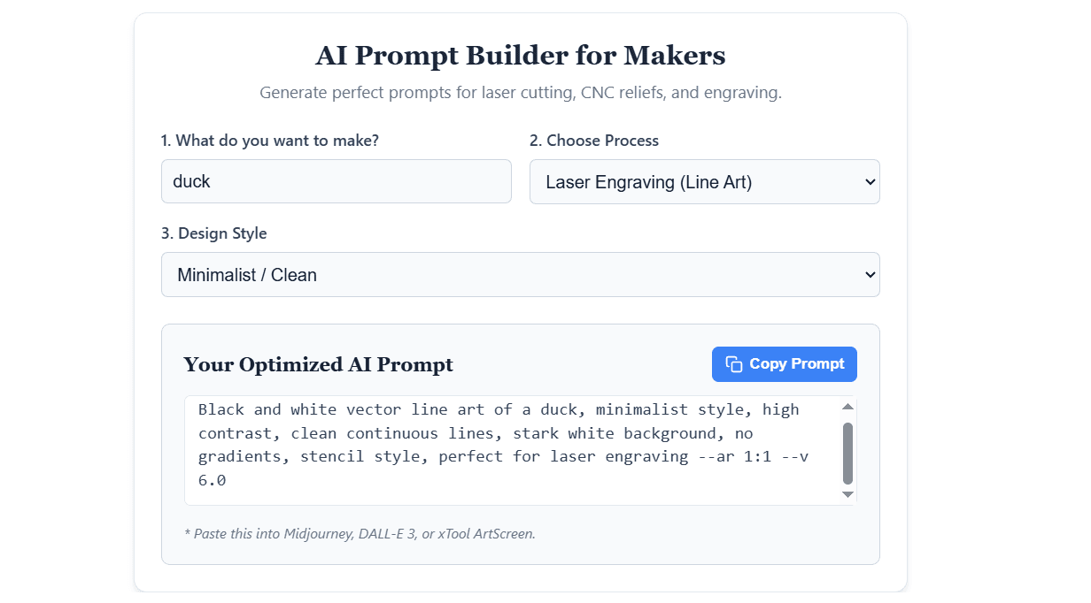 Free AI Prompt Builder for CNC, Laser & 3D Printing