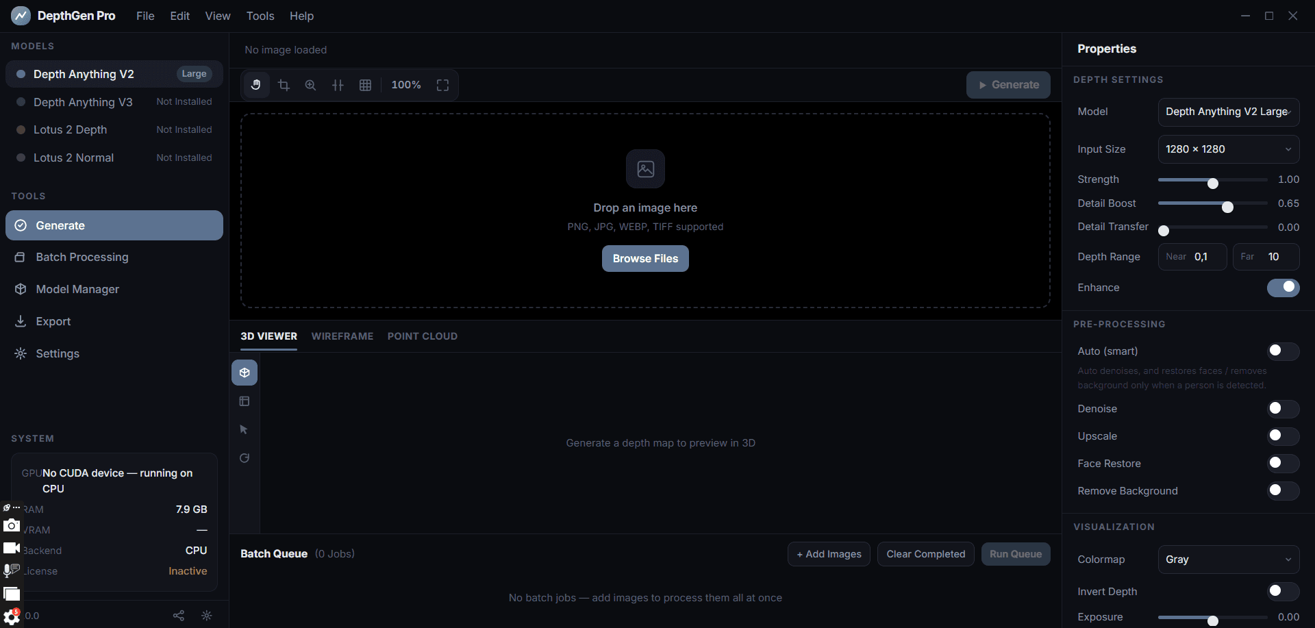 DepthGen Pro offline AI depth map generator interface