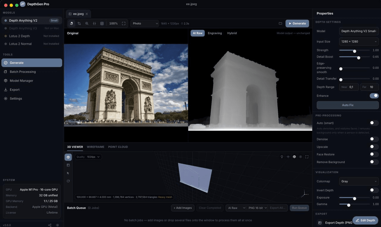 DepthGen Pro for macOS generating a depth map from a photograph on an Apple M1 Pro, showing the Metal GPU backend and live 3D relief preview