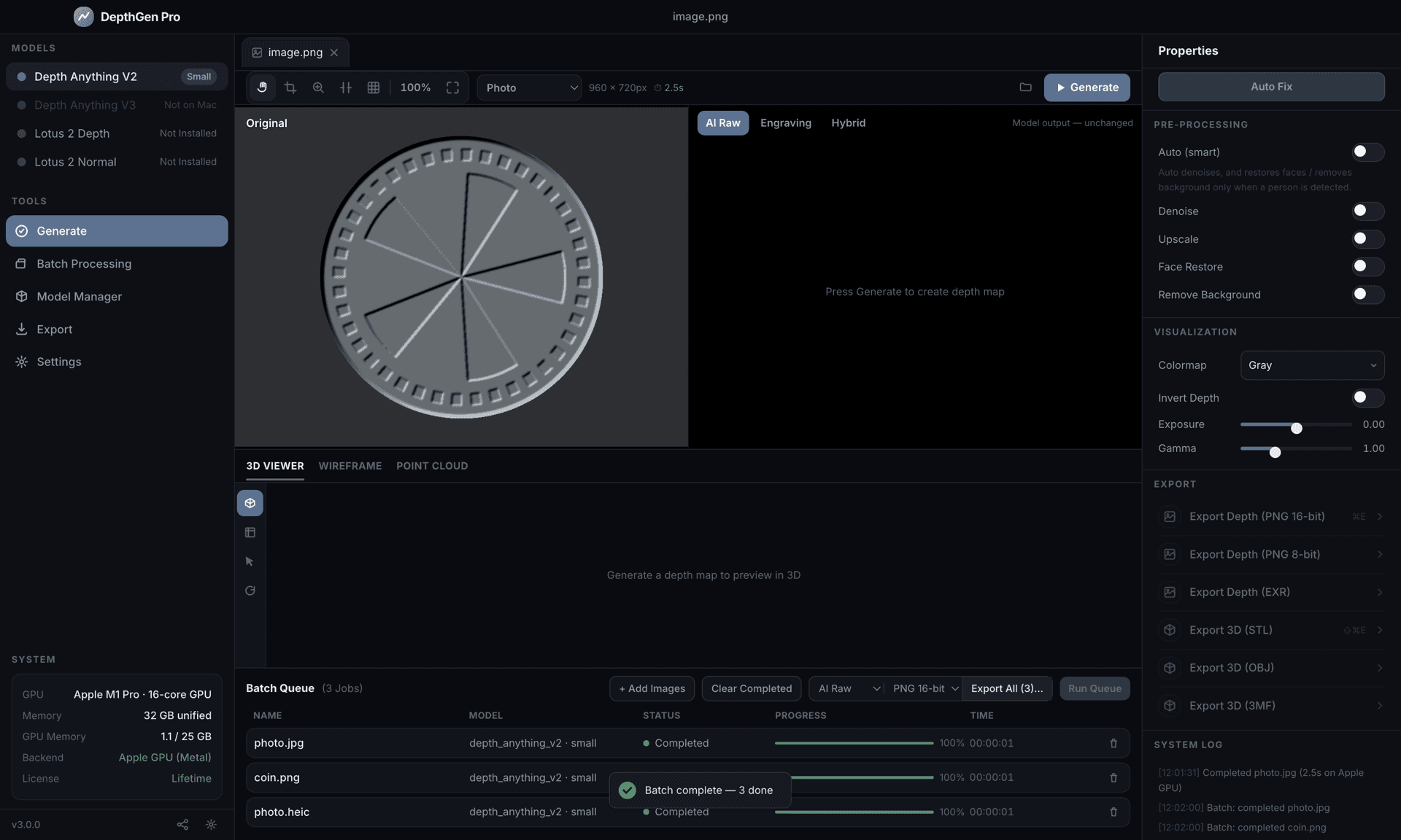DepthGen Pro for macOS export menu showing PNG 16-bit, PNG 8-bit, EXR, STL, OBJ and 3MF, with a completed batch queue including a HEIC file