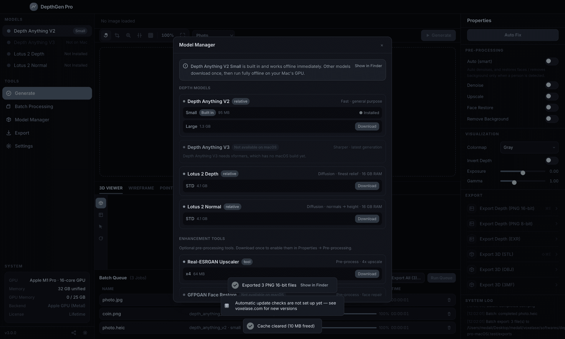 DepthGen Pro for macOS Model Manager showing Depth Anything V2 Small built in, Lotus 2 Depth and Normal available to download, and Depth Anything V3 marked unavailable with the reason