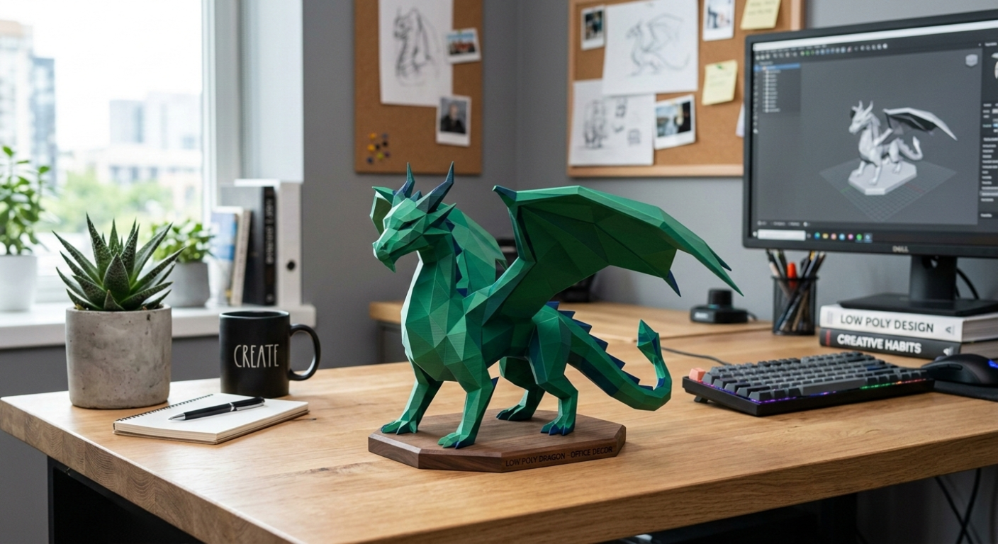 Illustration for The Emerald Guardian: A 3D model in Low-Poly Engineering (STL - 3MF)