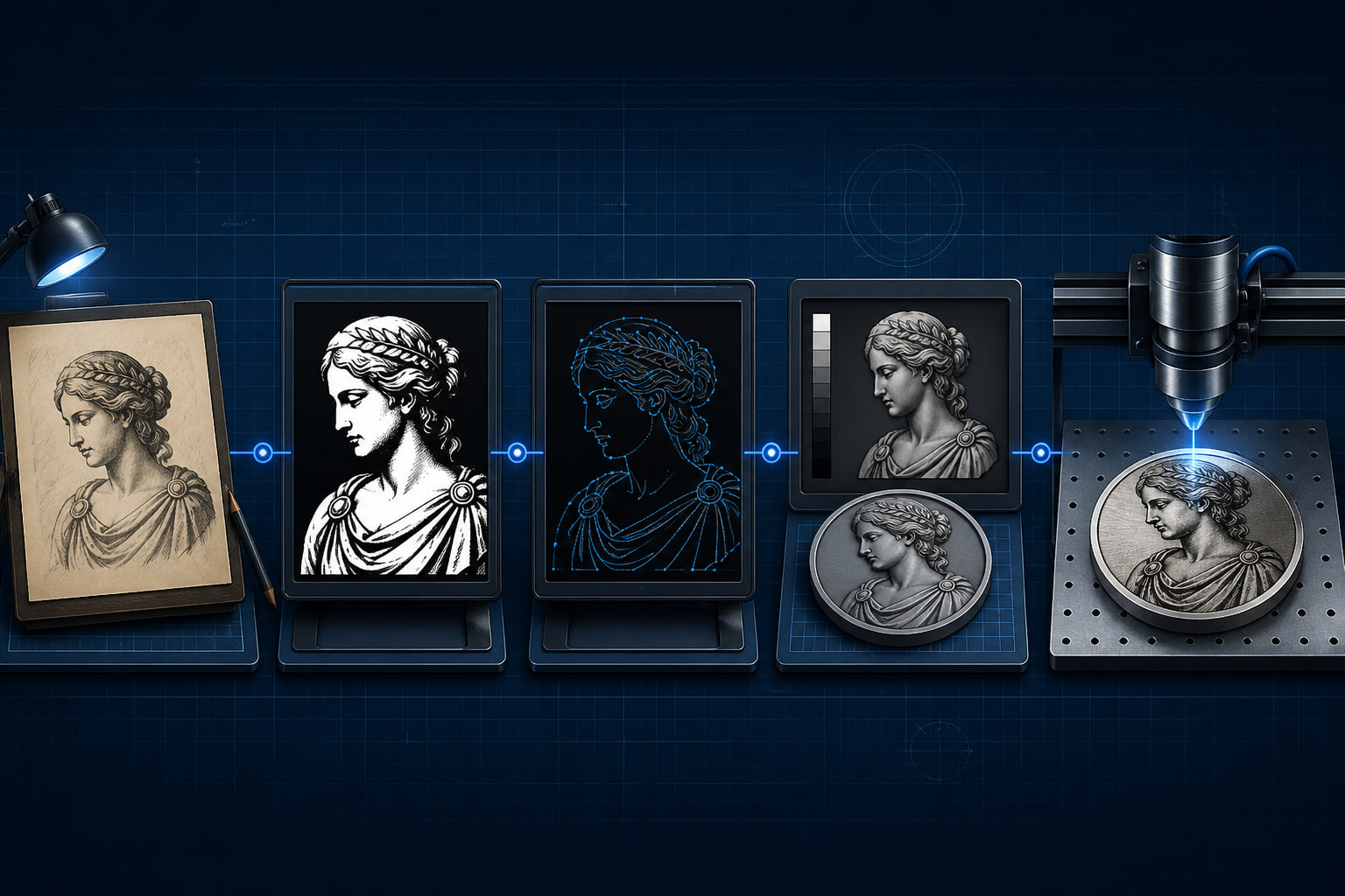 Five-stage workflow from source artwork through image cleanup, vector paths, depth-map relief, and laser engraving