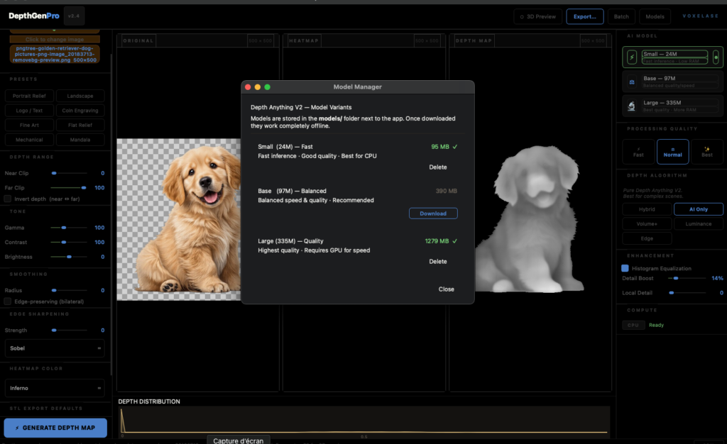 DepthGen Pro v2.4 AI depth map generator showing golden retriever portrait with transparent PNG background, heatmap visualization, and grayscale depth map output