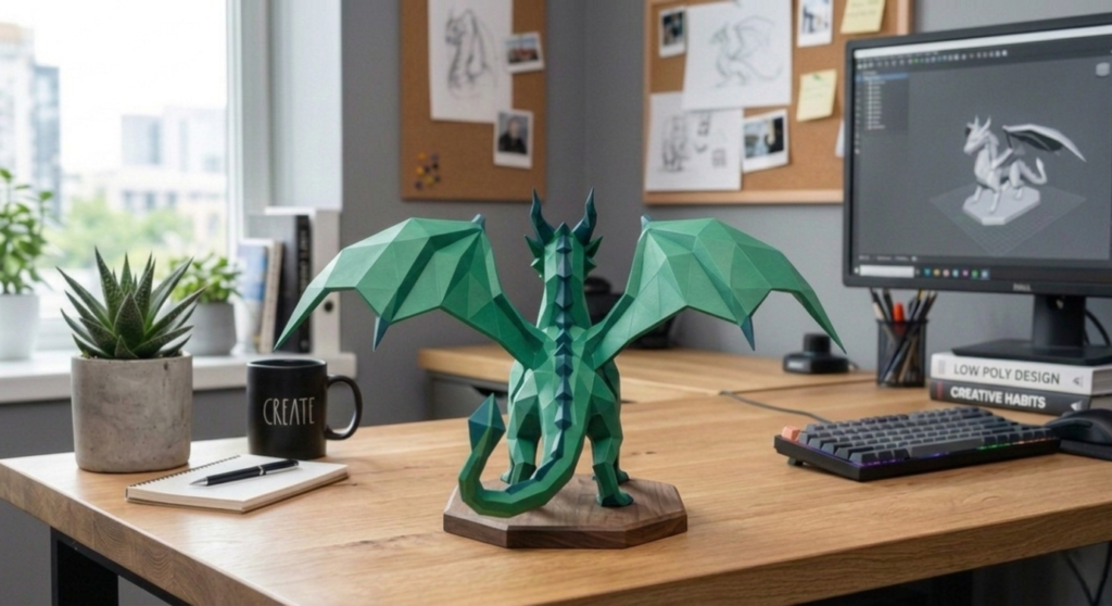 3D printed low-poly dragon model on a professional engineering desk setup.